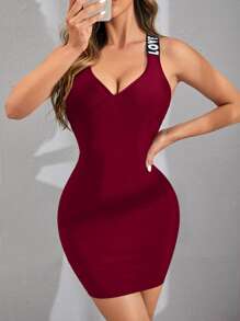 K-Vae Letter Tape Crisscross Back Bodycon Dress,Backless Dress - Burgundy - View 2