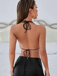 SHEIN ICON Áo hai dây Bất đối xứng Lộ Lưng Xù nhỏ Buộc lại màu trơn Gợi cảm - màu đen - Xem 2