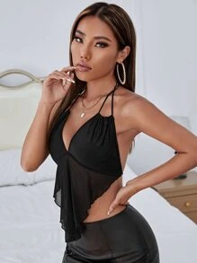 SHEIN ICON Áo hai dây Bất đối xứng Lộ Lưng Xù nhỏ Buộc lại màu trơn Gợi cảm - màu đen - Xem 5