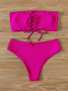 Lace Up Back Bandeau High Waisted Bikini - Hot Pink - View 2