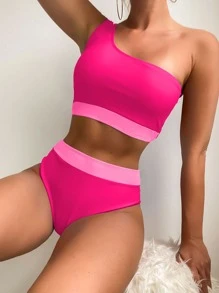 Bộ bikini lưng cao một vai màu xanh neon tương phản - Màu Hồng Tươi - Xem 1