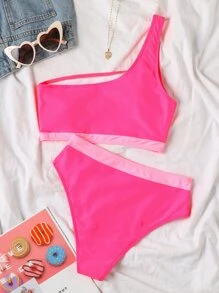 Bộ bikini lưng cao một vai màu xanh neon tương phản - Màu Hồng Tươi - Xem 3