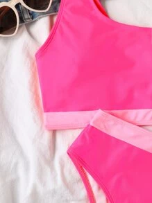 Bộ bikini lưng cao một vai màu xanh neon tương phản - Màu Hồng Tươi - Xem 4