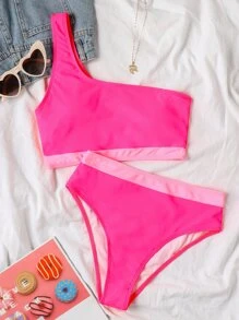 Bộ bikini lưng cao một vai màu xanh neon tương phản - Màu Hồng Tươi - Xem 5
