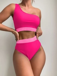 Bộ bikini lưng cao một vai màu xanh neon tương phản - Màu Hồng Tươi - Xem 6