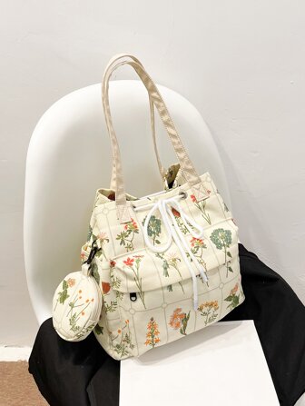 Bolso de mano ligero, informal de negocios, con cordón y estampado floral, con monedero para adolescentes, niñas, mujeres, estudiantes universitarias, novatos y trabajadores de cuello blanco, perfecto para oficina, universidad, trabajo, negocios, desplazamientos