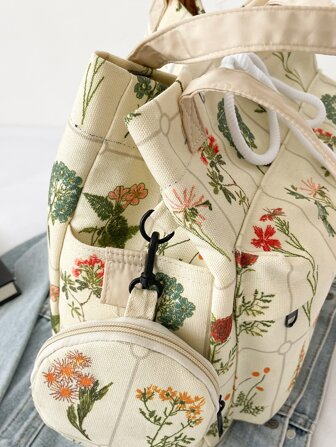 輕便商務休閒花卉圖案抽繩單肩手提包帶零錢包適合青少年女孩女大學生、菜鳥和白領非常適合辦公室、大學、工作、商務、通勤