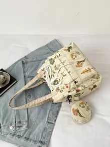 Túi tote đeo vai dây rút có họa tiết hoa nhẹ, giản dị dành cho doanh nhân có ví đựng tiền xu cho các cô gái tuổi teen Nữ sinh viên đại học, tân binh & nhân viên văn phòng Hoàn hảo cho văn phòng, đại học, công việc, kinh doanh, đi làm - Màu be - Xem 7