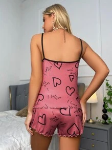 Slogan & Heart Print Contrast Binding Lettuce Trim PJ Set / Pajama Set - Rose Red - View 2