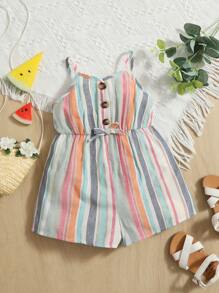 SHEIN Baby Block Striped Bow Front Cami Romper - Multicolor - View 5
