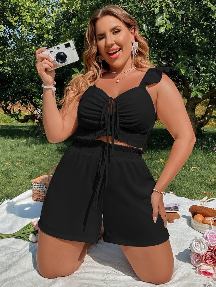 Sunnyshic Bộ thời trang Plus Size Dây kéo Xù màu trơn Boho - màu đen - Xem 1