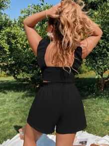 Sunnyshic Bộ thời trang Plus Size Dây kéo Xù màu trơn Boho - màu đen - Xem 2