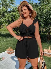 Sunnyshic Bộ thời trang Plus Size Dây kéo Xù màu trơn Boho - màu đen - Xem 3