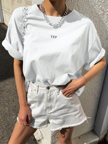 DAZY Playera Con Gráficos De Letras Y Hombros Descubiertos - Blanco - Ver 3