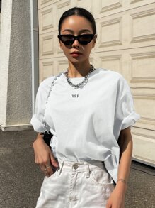 DAZY Playera Con Gráficos De Letras Y Hombros Descubiertos - Blanco - Ver 4