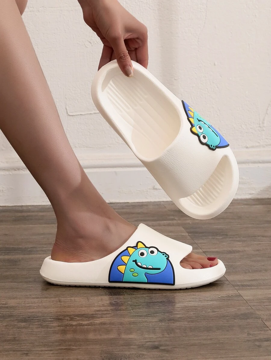 Cartoon Pattern Slides, Plastic One-piece Molded White Preppy Style Cartoon Women's Slippers - White - View 1