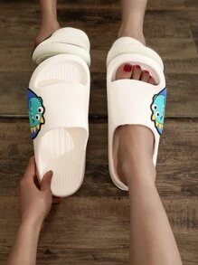 Cartoon Pattern Slides, Plastic One-piece Molded White Preppy Style Cartoon Women's Slippers - White - View 4