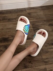 Cartoon Pattern Slides, Plastic One-piece Molded White Preppy Style Cartoon Women's Slippers - White - View 5