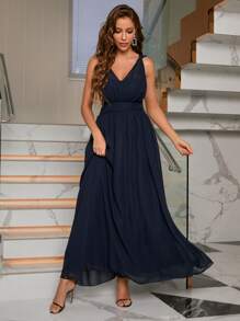 Ruched Surplice Front Chiffon Formal Dress - Navy Blue - View 7