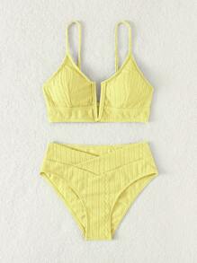 SHEIN Swim Conjunto de bikini texturizado Sujetador con aros en V y traje de baño de 2 piezas con parte inferior estilo hipster - Amarillo - Ver 3