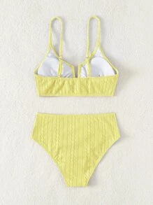 SHEIN Swim Conjunto de bikini texturizado Sujetador con aros en V y traje de baño de 2 piezas con parte inferior estilo hipster - Amarillo - Ver 2