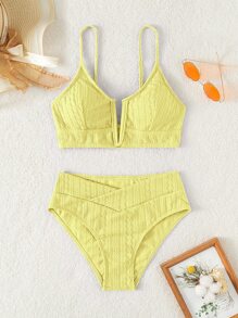 SHEIN Swim Conjunto de bikini texturizado Sujetador con aros en V y traje de baño de 2 piezas con parte inferior estilo hipster - Amarillo - Ver 6