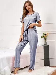 Polka Dot Print Lettuce Trim Tee & Pants PJ Set / Pajama Set Pajamas Set For Womansleepwear Womenwomens Lounge Wear Sets - Dusty Blue - View 4