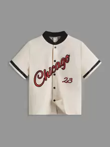 SHEIN 男童字母印花拼接立領襯衫,夏季休閒短袖 - 米色 - 查看 1