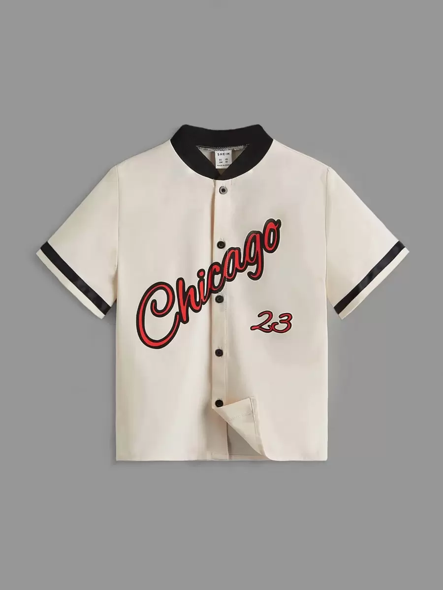 SHEIN 男童字母印花拼接立領襯衫,夏季休閒短袖 - 米色 - 查看 1