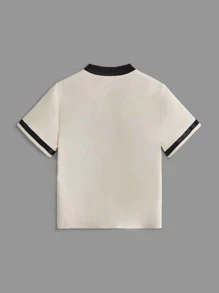 SHEIN 男童字母印花拼接立領襯衫,夏季休閒短袖 - 米色 - 查看 2