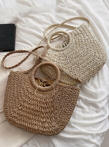 Yogodlns 輕便便攜帶度假編織包草編包簡約抽繩設計草編包女生女大學生秋冬保暖冬季度假度假郊遊沙灘沙灘秋冬必備 - 卡其色 - 查看 1