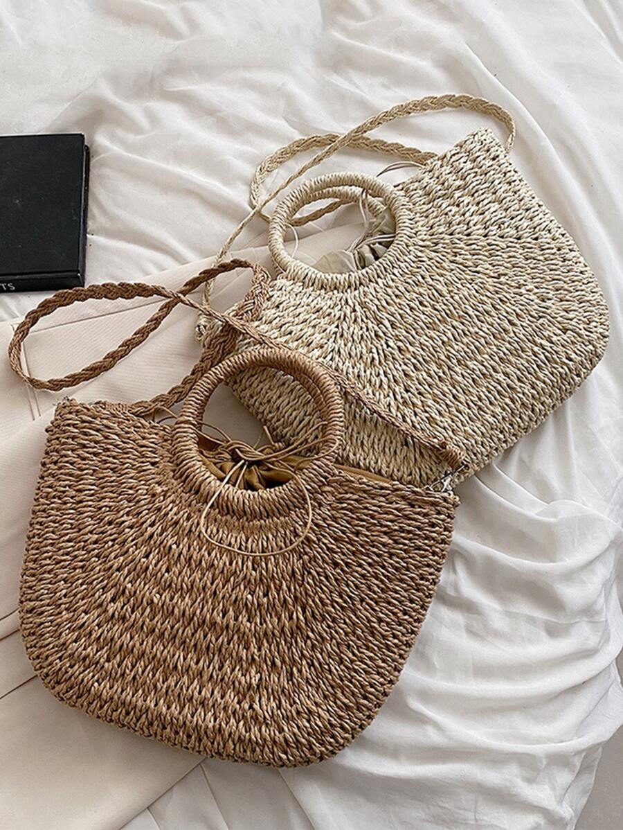 Yogodlns 輕便便攜帶度假編織包草編包簡約抽繩設計草編包女生女大學生秋冬保暖冬季度假度假郊遊沙灘沙灘秋冬必備 - 卡其色 - 查看 1