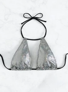 夏季金属色系带露背比基尼上衣 - 銀色 - 查看 3
