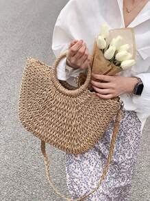 Yogodlns 輕便便攜帶度假編織包草編包簡約抽繩設計草編包女生女大學生秋冬保暖冬季度假度假郊遊沙灘沙灘秋冬必備 - 卡其色 - 查看 2