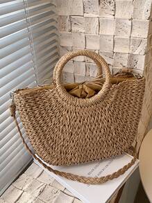 Yogodlns 輕便便攜帶度假編織包草編包簡約抽繩設計草編包女生女大學生秋冬保暖冬季度假度假郊遊沙灘沙灘秋冬必備 - 卡其色 - 查看 4