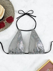 夏季金属色系带露背比基尼上衣 - 銀色 - 查看 6