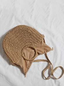 Yogodlns 輕便便攜帶度假編織包草編包簡約抽繩設計草編包女生女大學生秋冬保暖冬季度假度假郊遊沙灘沙灘秋冬必備 - 卡其色 - 查看 7