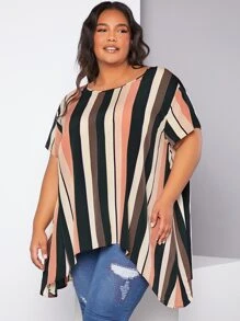 SHEIN CURVE+ Plus Block Striped Asymmetrical Hem Drop Shoulder Blouse - Multicolor - View 3