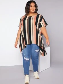 SHEIN CURVE+ Plus Block Striped Asymmetrical Hem Drop Shoulder Blouse - Multicolor - View 1