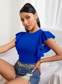 SHEIN PETITE 素色荷葉邊T恤 - 寶藍色 - 查看 1