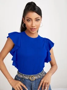 SHEIN PETITE 素色荷葉邊T恤 - 寶藍色 - 查看 3