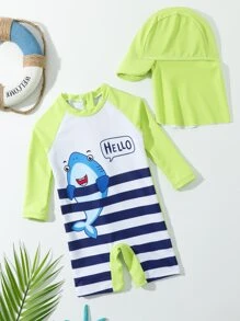 Baby Boy Cartoon Graphic Raglan Sleeve One Piece Swimsuit With Hat - Multicolor - View 1