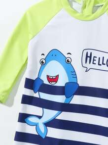 Baby Boy Cartoon Graphic Raglan Sleeve One Piece Swimsuit With Hat - Multicolor - View 4