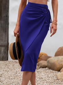 SHEIN Privé O形環細節圍裹下擺半身裙 - 藍色 - 查看 5