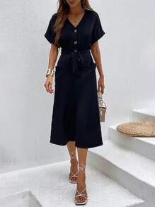 Batwing Sleeve Button Front Belted Jumpsuit - Black - View 1