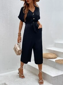 Batwing Sleeve Button Front Belted Jumpsuit - Black - View 4