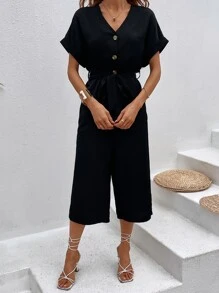 Batwing Sleeve Button Front Belted Jumpsuit - Black - View 5
