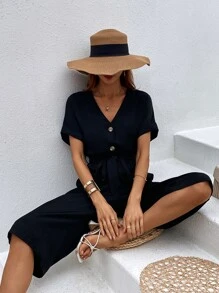 Batwing Sleeve Button Front Belted Jumpsuit - Black - View 6