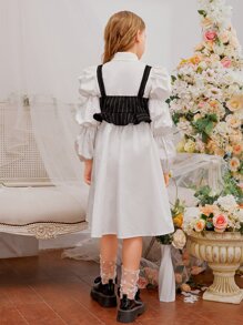 SHEIN 女孩收褶袖襯衫洋裝和細條紋荷葉邊吊帶上衣