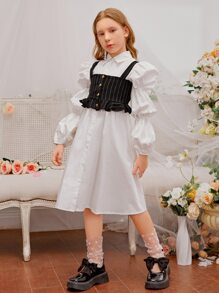 SHEIN 女孩收褶袖襯衫洋裝和細條紋荷葉邊吊帶上衣